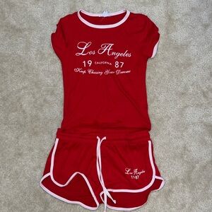 Red and white Los Angeles matching short set